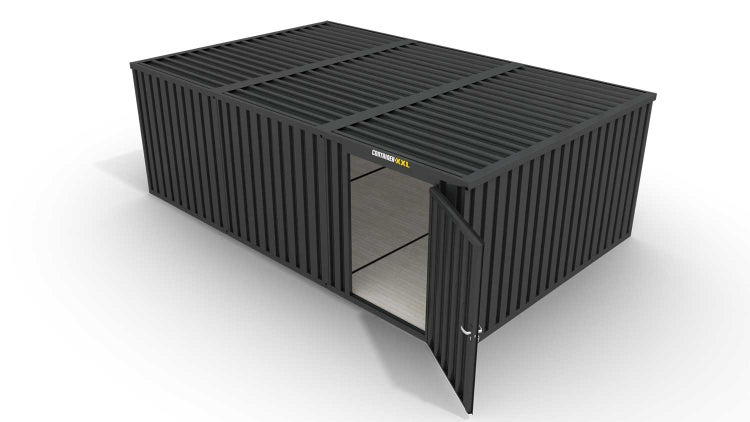 Lagercontainer Gerätehaus L3  – 25 qm, H2150 x B4050 x T6520 mm, Außenwandlackierung anthrazit, Dach außen verzinkt, mit Holzfußboden, 1270 mm Einflügeltür mittig in Modul D, montiert