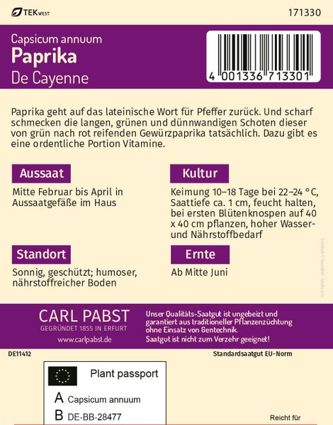 Rückseite einer Samentüte für Paprika De Cayenne mit Informationen zu Aussaat, Kultur, Standort und Ernte sowie Carl Pabst Logo.