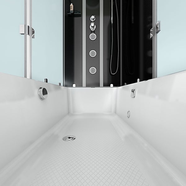 Komplett-Duschkabine mit Badewanne, schwarzen Glas-Rückwänden, integrierten Massagedüsen, Handbrause und Überkopfbrause.
