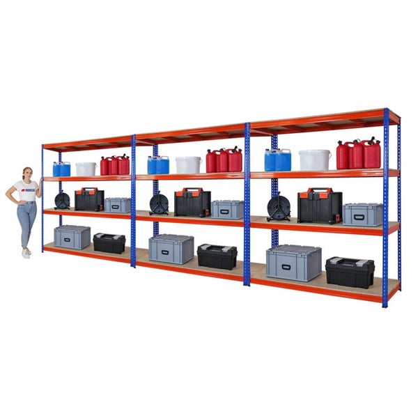 PROREGAL Mega Deal 3x Profi Schwerlastregal Bison HxBxT 200 x 180 x 60 cm 4 Fachböden Fachlast 600 kg Blau-Orange