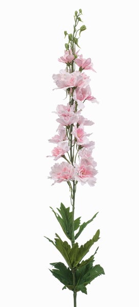 Künstlicher Rittersporn mit rosa Blüten, grünen Blättern und Knospen an einem langen Stiel.