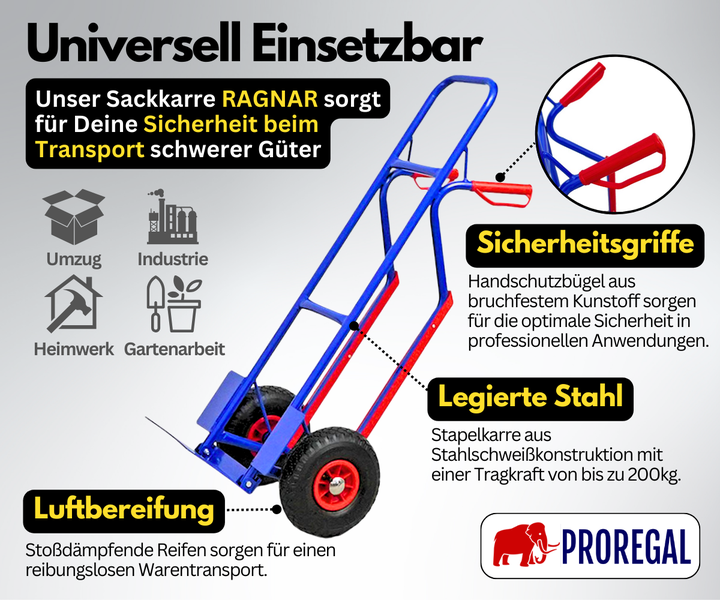 Sackkarre RAGNAR aus blauem legiertem Stahl mit roten Sicherheitsgriffen und Luftbereifung, Tragkraft bis zu 200 Kilogramm. PROREGAL Logo.