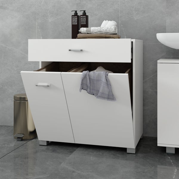 ML-Design Wäscheschrank mit 2 ausklappbaren Wäschesäcken, Weiß, 75x78,5x45 cm, Wäschesammler mit Schublade, viel Stauraum, Wäschekorb aus MDF-Holz, Wäschetruhe Badezimmerschrank Badschrank Badmöbel