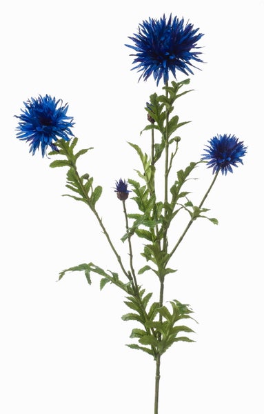 Künstliche Kornblume mit blauen Blüten und grünen Blättern