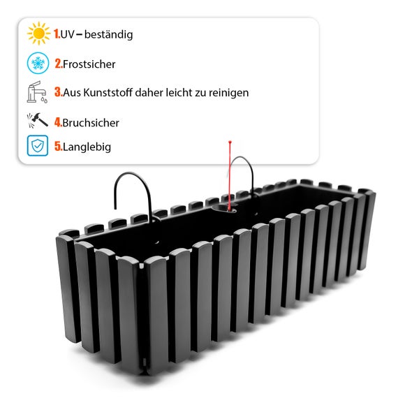 BigDean Balkonkasten Lattenzaun Optik in Anthrazit Optik aus wetterfestem & robustem Kunststoff 60 cm– Balkonkasten mit Halterung & Wasserstandsanzeige – Made in Europe