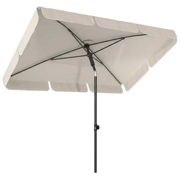 Rechteckiger Sonnenschirm in Beige mit Knickfunktion und Volant, Gestell aus Metall.