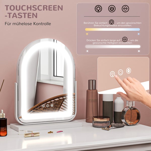 HOMCOM Kosmetikspiegel, 33 x 44,5 cm Schminkspiegel mit LED Licht, 3 Lichtfarben, 360° Drehbar Makeup-Spiegel mit Touch-Steuerung, Metallrahmen, Weiß