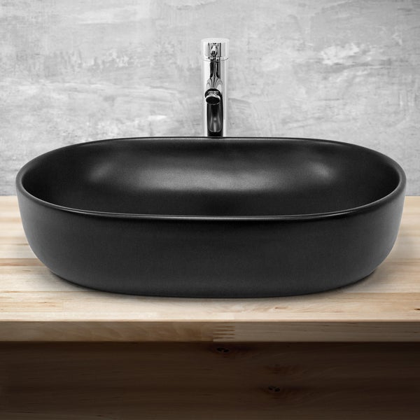ML-Design Waschbecken aus Keramik in Schwarz matt 600 x 425 x 145 mm, Ovale Aufsatzwaschbecken, Moderne Waschtisch, Waschschale mit Abflussloch, Waschplatz Handwaschbecken, für Badezimmer/Gäste-WC