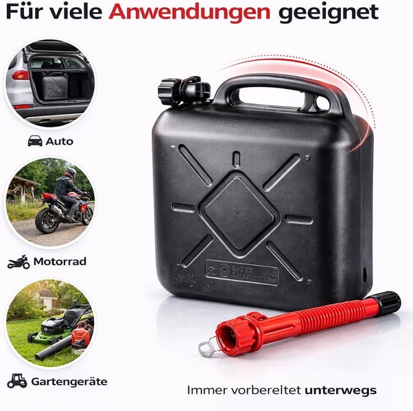 Schwarzer Kraftstoffkanister mit rotem Ausgießer für Auto, Motorrad und Gartengeräte