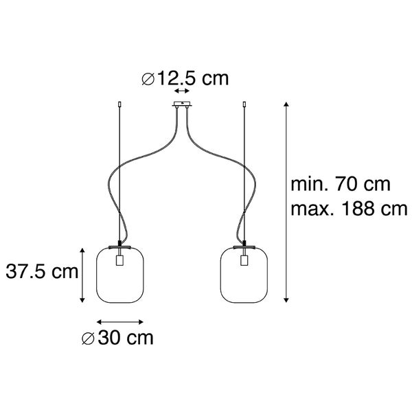 Technische Zeichnung einer Pendelleuchte mit zwei Lampen, inklusive Maßangaben
