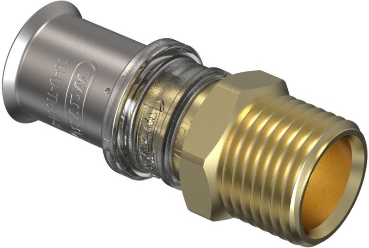 Pressnippel mit Aussengewinde aus Messing und Edelstahl fuer Rohrinstallationen