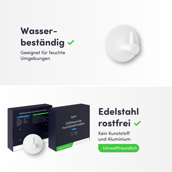 Weiße, selbstklebende Handtuchhaken aus rostfreiem Edelstahl, wasserbeständig und umweltfreundlich, 4er Set in Produktverpackung.