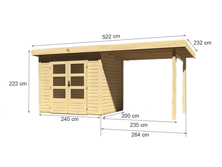 Gartenhaus aus Holz mit Flachdach, Doppeltür und seitlichem Schleppdach inklusive Maßangaben in Zentimetern.
