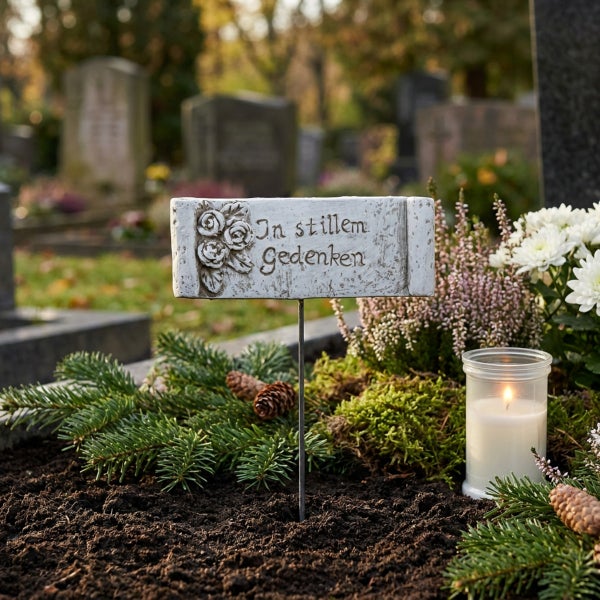 Grabstecker mit der Inschrift In stillem Gedenken und Rosenrelief, ideal als Grabschmuck zur Dekoration auf Friedhöfen geeignet.