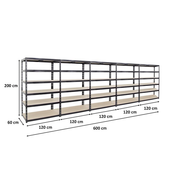 PROREGAL Mega Deal 5x Schwerlastregal Giant Tiger HxBxT 200 x 120 x 60 cm Fachlast 265 kg 6-Ebenen Schwarz
