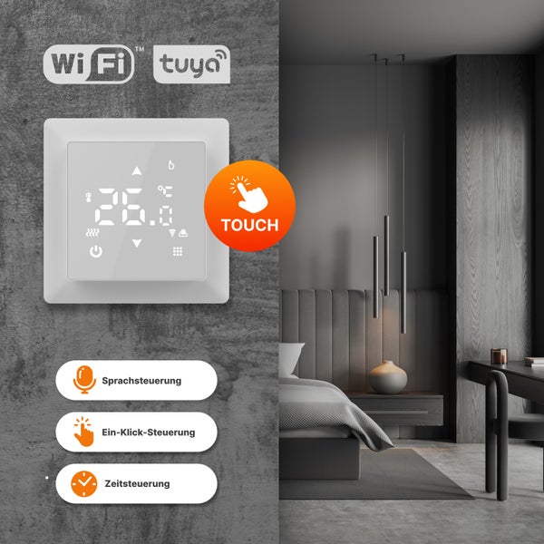 WLAN Raumthermostat mit Touchfunktion und Sprachsteuerung in einem Schlafzimmer.
