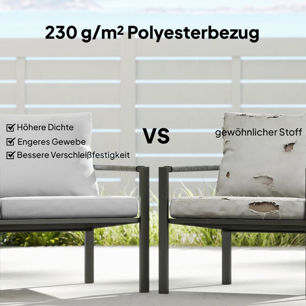 Vergleich zwischen einem langlebigen Polyesterbezug mit 230 Gramm pro Quadratmeter und einem beschädigten gewöhnlichen Stoff auf Gartenstühlen.