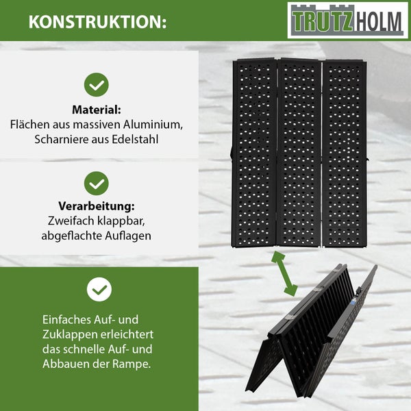 Trutzholm klappbare Auffahrrampe aus Aluminium mit Edelstahl Scharnieren und rutschfester Oberfläche fuer einfache Bedienung.