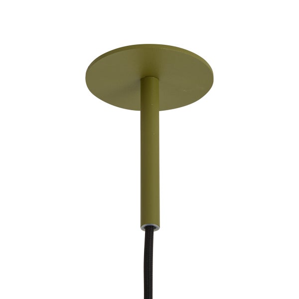 Deckenbaldachin für Pendelleuchte mit zylindrischem Rohr und schwarzem Kabel, aus olivegrünem Metall.