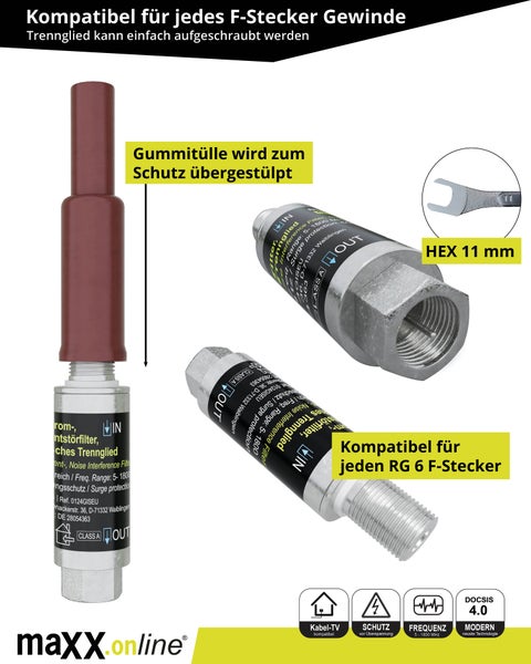 Koaxialkabel Überspannungsschutz & Mantelstromfilter für Antennenverstärker Kabel TV / DVB-C / DVB-T2, Musikanlage, Blitzschutz, galvanische Trennung, Brummfilter Antennenkabel DOCSIS 4.0