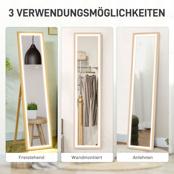 LED Ganzkörperspiegel mit Holzrahmen in drei Varianten: freistehend mit Ständer, wandmontiert oder an die Wand gelehnt.