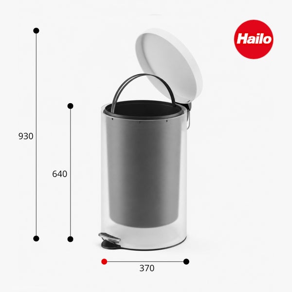 Hailo Treteimer mit Inneneimer, Maße 370 mal 640 mal 930 Millimeter, Hailo Logo.