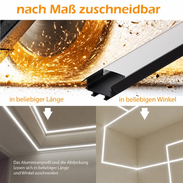 Aluminiumprofil für LED Streifen inklusive Abdeckung, nach Maß zuschneidbar in Länge und Winkel für eine individuelle Deckenbeleuchtung.
