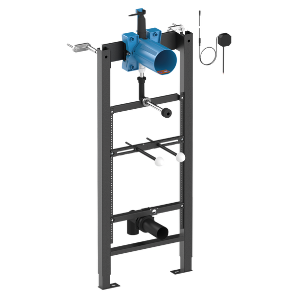 WC-Montageelement für Vorwandinstallation mit Metallrahmen, blauen Kunststoffkomponenten und elektrischem Anschlussset.