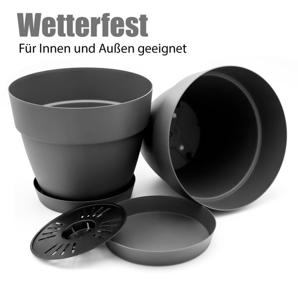 BigDean 3 Stück Blumentopf mit Untersetzer rund ø35 cm in Anthrazit – Übertopf innen + außen geeignet – aus bruchsicherem Kunststoff & Made in Europe