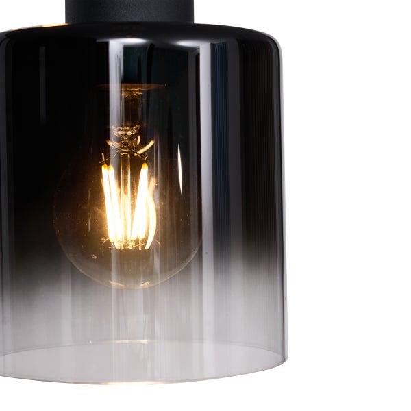 Hängelampe mit transparentem Schirm und Glühbirne