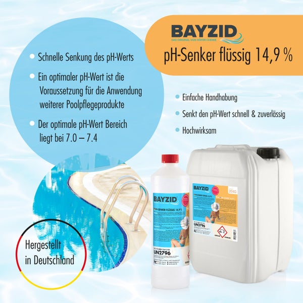 Abbildung von Bayzid pH-Senker flüssig 14,9 % in Kanister und Flasche mit Informationen zur Anwendung und Vorteilen