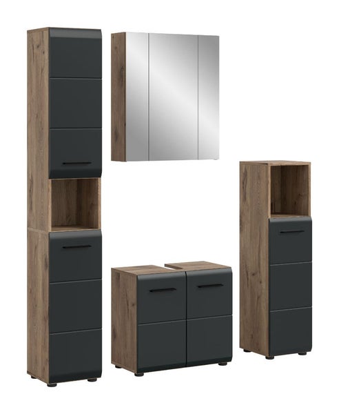 Mehrteiliges Badmöbel-Set bestehend aus Hochschrank, Spiegelschrank, Waschbeckenunterschrank und Midischrank in Eiche-Optik und Anthrazit.