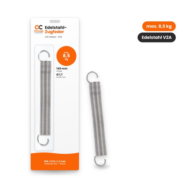 Orange Commerce Edelstahl Zugfeder mit Haken, Laenge 149 Millimeter, Drahtstaerke 1,7 Millimeter, Tragkraft maximal 8,5 Kilogramm.