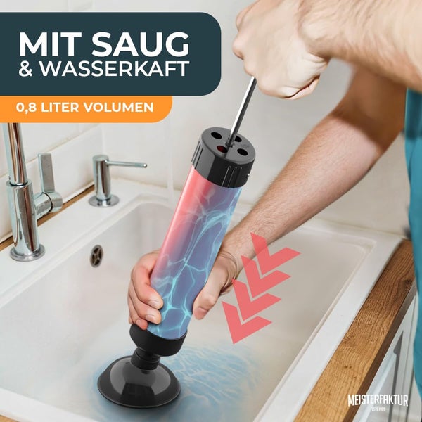 Rohrreinigungspumpe mit 0,8 Liter Volumen wird in einer Spüle zur Beseitigung von Verstopfungen eingesetzt.