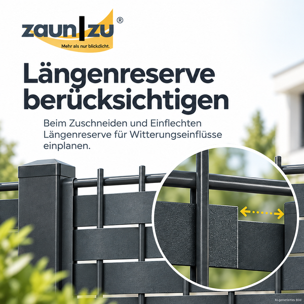 Zaunzu Logo und Hinweis zur Längenreserve beim Zuschneiden und Einflechten von Sichtschutzstreifen für einen Doppelstabmattenzaun.