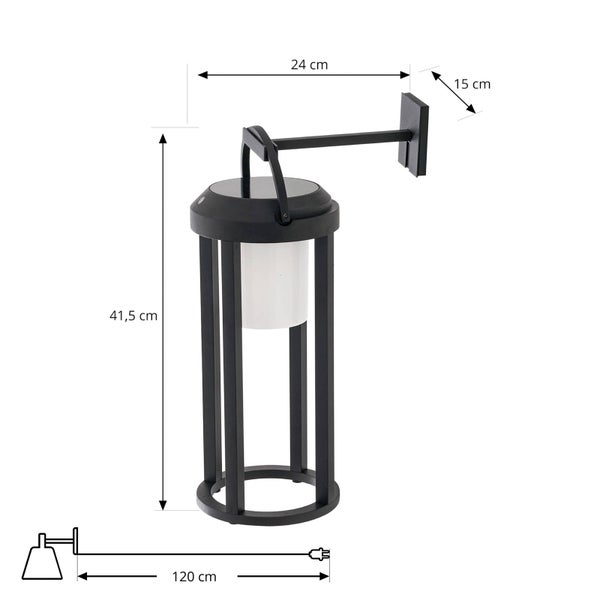 Schwarze Außen-Solar-Wandleuchte in Laternenform, Höhe 41,5 Zentimeter, Breite 24 Zentimeter, Tiefe 15 Zentimeter, Kabellänge 120 Zentimeter.