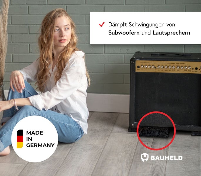 Bauheld Gummimatte zur Schwingungsdämpfung für Subwoofer und Lautsprecher, hergestellt in Deutschland.