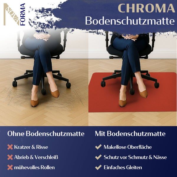 Chroma Bodenschutzmatte im Vergleich: ohne und mit Bodenschutzmatte unter einem Bürostuhl.