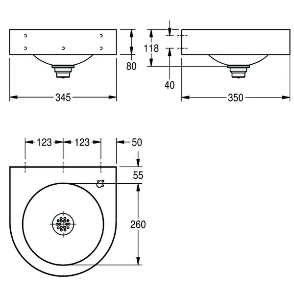 Maßzeichnung eines Waschbeckens mit Draufsicht, Seitenansicht und Vorderansicht in Millimeter.