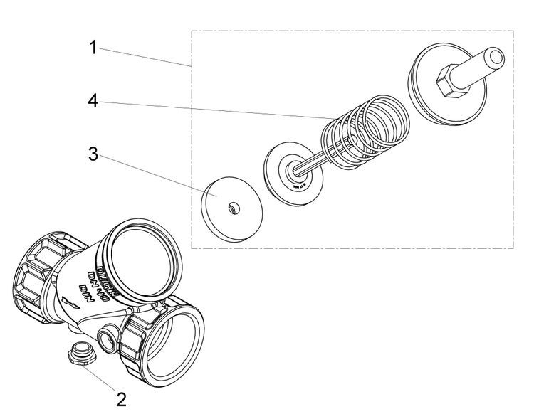 Explosionszeichnung eines Ventils DN 40 mit markierten Ersatzteilen wie Feder, Dichtung und Gehäuse.
