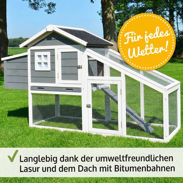 Hühnerstall aus Holz mit integriertem Freilaufgehege, Rampe und wetterfestem Bitumendach. Langlebig durch umweltfreundliche Lasur.