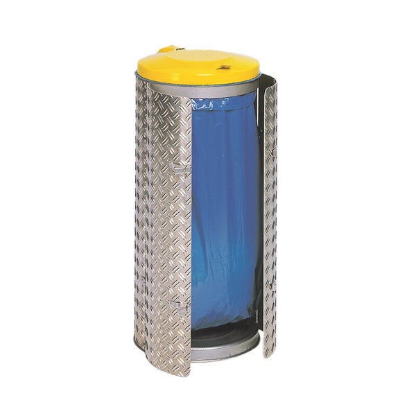 Müllsackständer aus Aluminium-Riffelblech mit gelbem Deckel und eingespanntem blauen Müllsack.