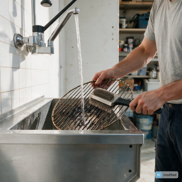 Person reinigt einen Grillrost mit einer Drahtbürste unter fließendem Wasser in einem Edelstahlwaschbecken.