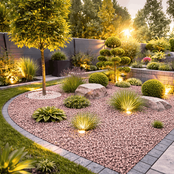 Gartenanlage mit Kiesbeet, Ziergräsern, Sträuchern und integrierter Gartenbeleuchtung in einer modernen, gepflegten Gartenumgebung.