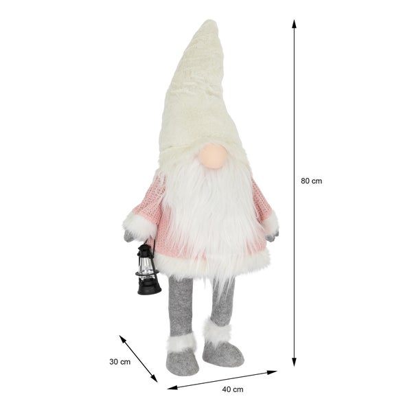 ECD Germany LED Wichtel-Figur mit warmweiß beleuchtete Laterne und Nase 80cm Rosa-Weiß stehend batteriebetrieben Weihnachtsdeko Weihnachtswichtel Weihnachtszwerg Deko Zwerg Gnom Plüsch Puppe mit Mütze