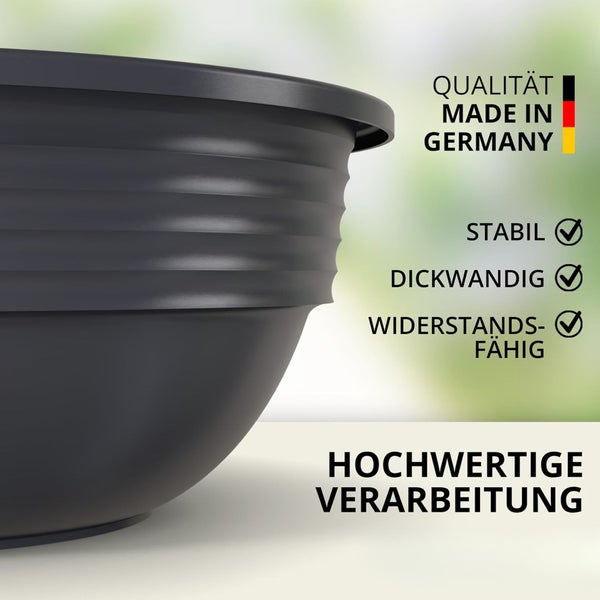 Detailansicht einer stabilen Kunststoffschüssel mit hochwertiger Verarbeitung, Made in Germany, dickwandig und widerstandsfähig.