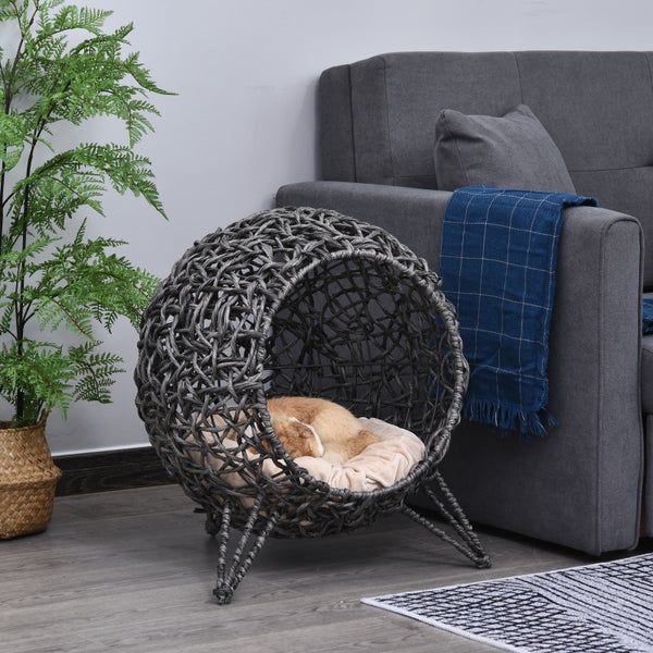 PawHut Katzenhaus aus Rattan, Ø52 x 58 cm, PE-Rattan, Silbergrau