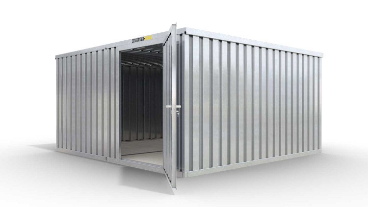 Lagercontainer Gerätehaus XL2  – 21 qm, H2150 x B5080 x T4340 mm, verzinkt, mit Holzfußboden, 1270 mm Einflügeltür mittig in Modul D, zerlegt