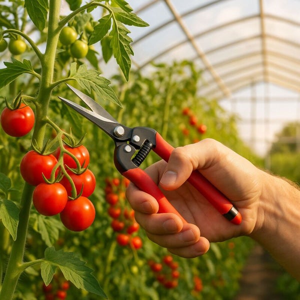 Gärtner schneidet Tomaten mit einer Gartenschere im Gewächshaus.