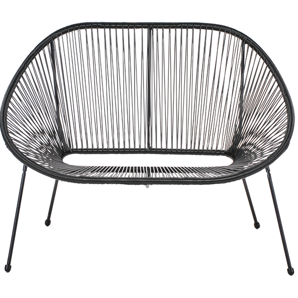 Zweisitzer Gartenbank im Acapulco-Stil aus schwarzem Kunststoffgeflecht mit Stahlgestell.